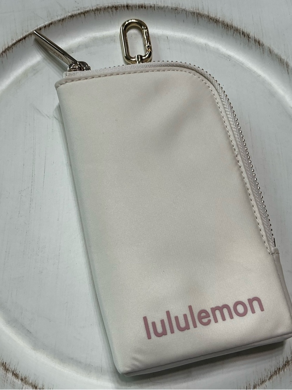 lululemon athletica Cream Zip Phone Wallet with Pink Logo